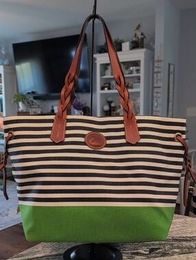 Dooney & Bourke Navy Stripe and Green Canvas Tote with Brown Leather Trim